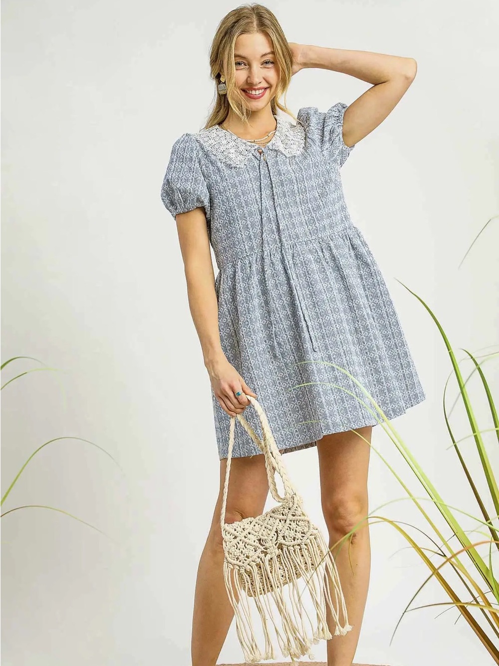 Umgee Blue Lace Collar Puff Sleeve Mini Dress